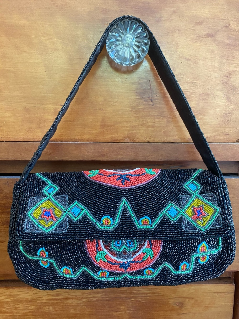 Christiana Boho Southwestern Black Beaded Shoulder Bag Multicolor Western VTG